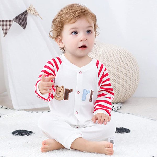 Baby Bomulds Romper Jumpsuit Dreng Pige Langærmet Tøj Spædbarn Tegneserie Tryk Romper (Hvid + Rød, 73) 66 White+Red