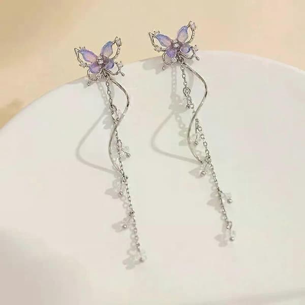 2 Stykker Udsøgte Sommerfugle Mode Søde Zirconia Legering Pink Farve Sølv Farve Lange Kvastøreringe