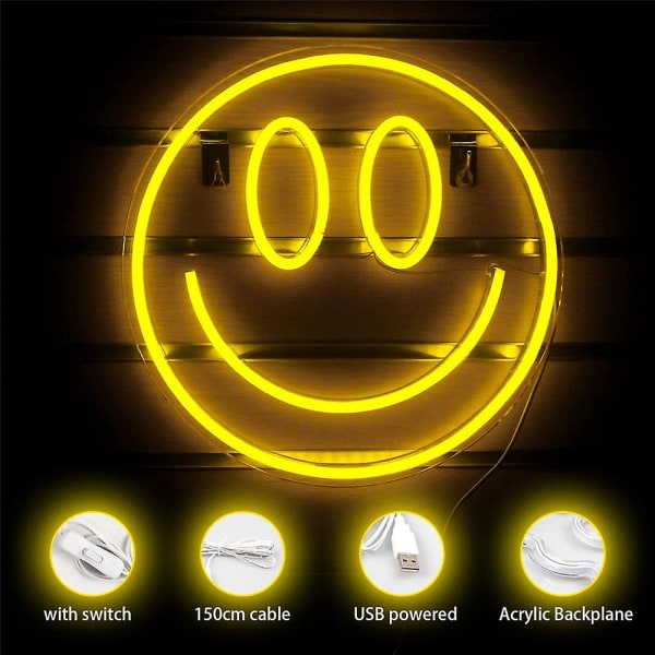Smile Face Emoji-skylt Led Neonljus Gul Smiley Face Neonskyltar Nattljus USB Uppladdningsbar För Sovrumsfest Väggdekoration