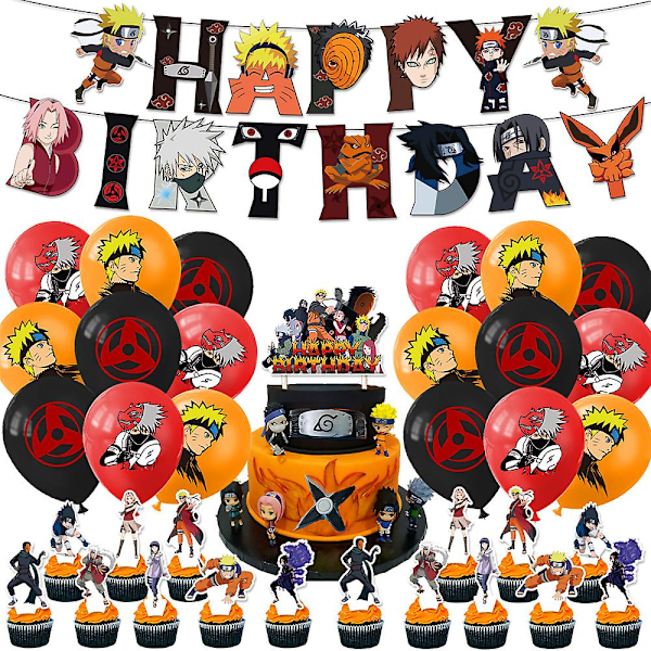 Naruto Cartoon Tema Födelsedagsfest Dekoration Leveranser Inkluderar Banner Ballonger Cupcake Toppers Set