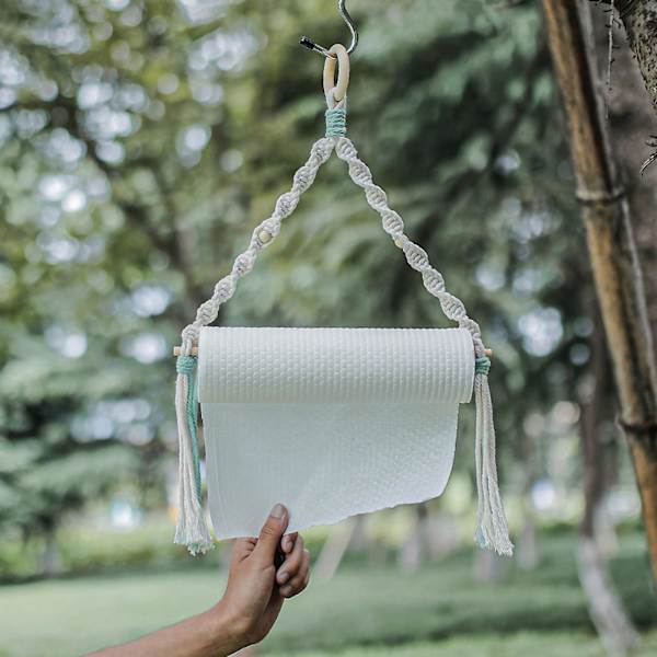 Farfi Paper Roll Holder Macrame Smooth Stick Monikäyttöinen Ulkona Ripustettava Paperipyyheteline Kotiin Leirintään Beige