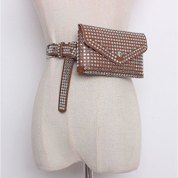 Fashion Rivet Lyxig Designer Fanny Pack Liten Dam Midjeväska Telefonficka Punk Bältesväska Dam Party Handväska Kväll Dag Clutches Fanny Packs Brown