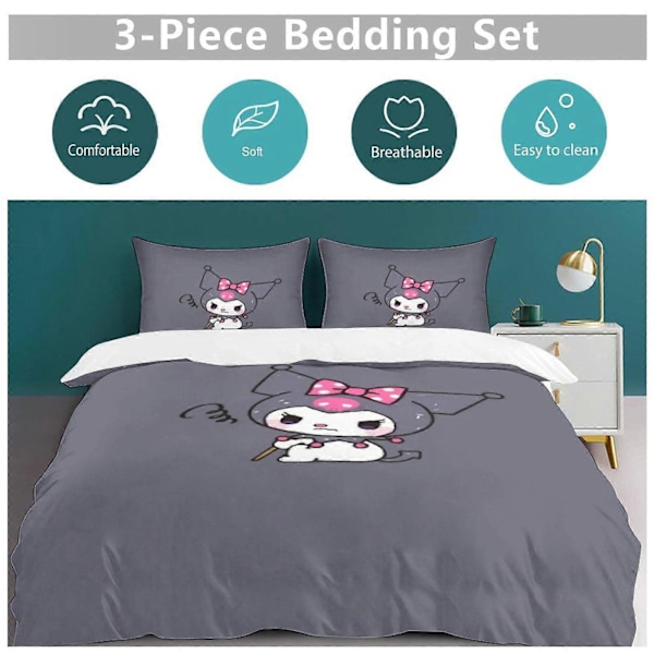 v1427 Kuromi Täcke Set Tjockt Mjukt 3 Delars Sängklädesset Året Runt Täcke med 2 Örngott för Vuxna Kvinnor Flickor Tonåringar Hem Rum Inredning io1427 135x200cm 53x78in
