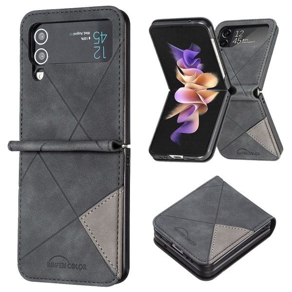 Case med geometriskt mönster kompatibelt med Samsung Galaxy Z Flip 4, hård datorram + stötsäkert cover av Pu-läder Black For Galaxy Z Flip 4