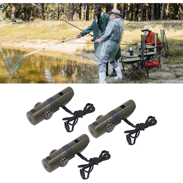 3PCS Utomhus Överlevnadsvisselpipa, 7 i 1 Multifunktionellt Nödverktyg med LED-ljus, Termometer, Kompass