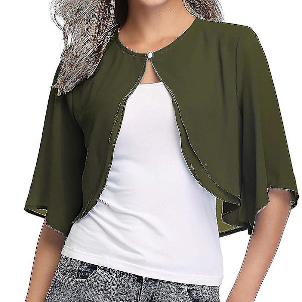 Kvinde Kort Cardigan Chiffon Top Åben Front Bolero Shrug Kortærmet Crop Tops Army Green S