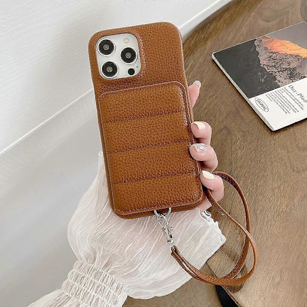 iPhone 14 Pro Skal med Kortfack, Stativ, PU-Läder + PET, Handledsrem - Multicolor Dark Brown