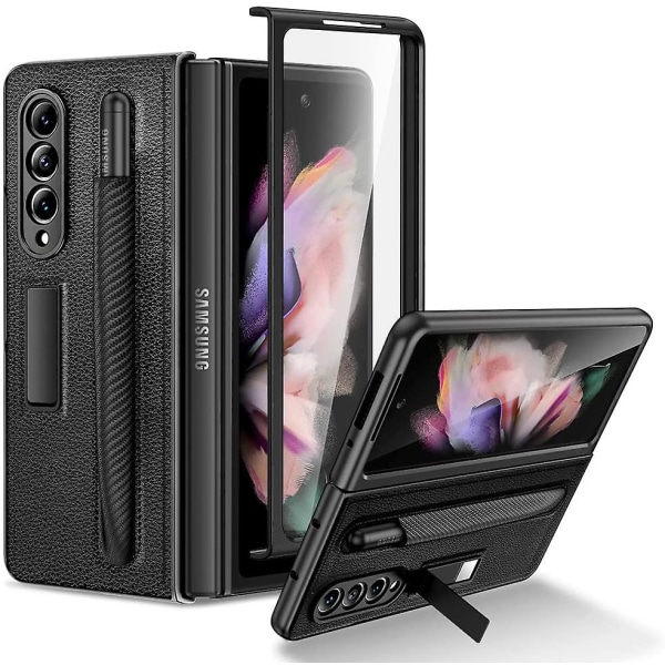 Lærveske kompatibel med Samsung Galaxy Z Fold 3 med S Pen-holder, innebygd magnetisk støttebeskyttende deksel Black