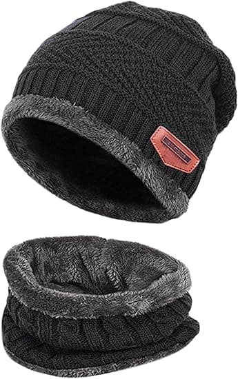 2 st Barn Vinter Stickade Mössor+Halsduk Set Varmt Fleece Foder Mössa för 5-14 År Gamla Pojkar Flickor
