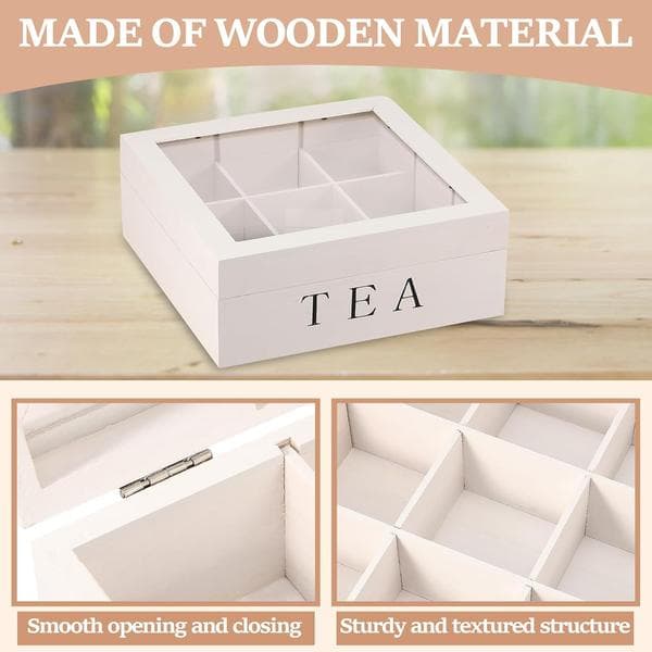 Wooden Tea Box with 9 Compartments, Tea Bag Storage Box, Tea Box with Transparent Lid, Tea Storage Display Stand