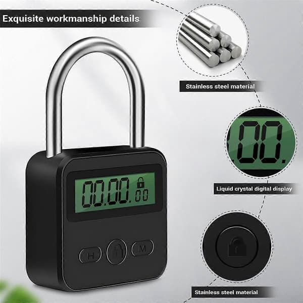 Metall Timer Lås LCD-Skjerm Multi-Funksjon Elektronisk Tid 99 Timer Maks Timing USB Oppladbar Timer Hengelås svart Black