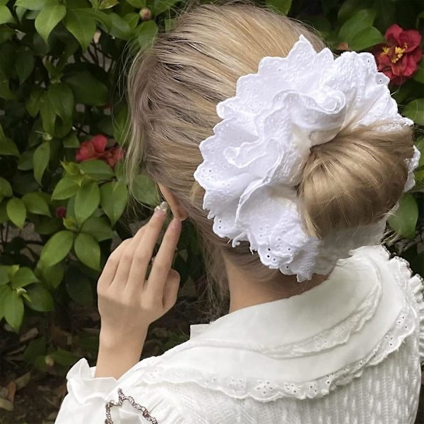 Fortykkede hvide blondehårscrunchies, Lolita blonde store scrunchies blomsterhårbånd, hvide blonde scrunchies store til kvinder piger White