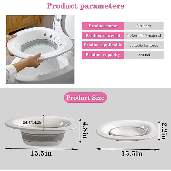 Sammenklappelig siddebad til toilet, sædebad til gravide, hæmorider, ældre, passer til universelle toiletter og kommodestol grå