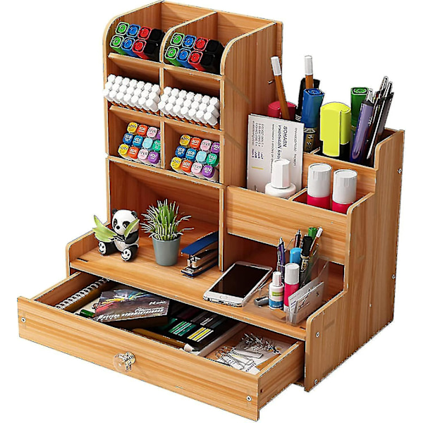 Wooden Desk Organiser Diy Desktop Tidy Pen Holder Large Capacity Stationery Storage Box With Drawer For Home, Office And School (b17 Cherry Color)