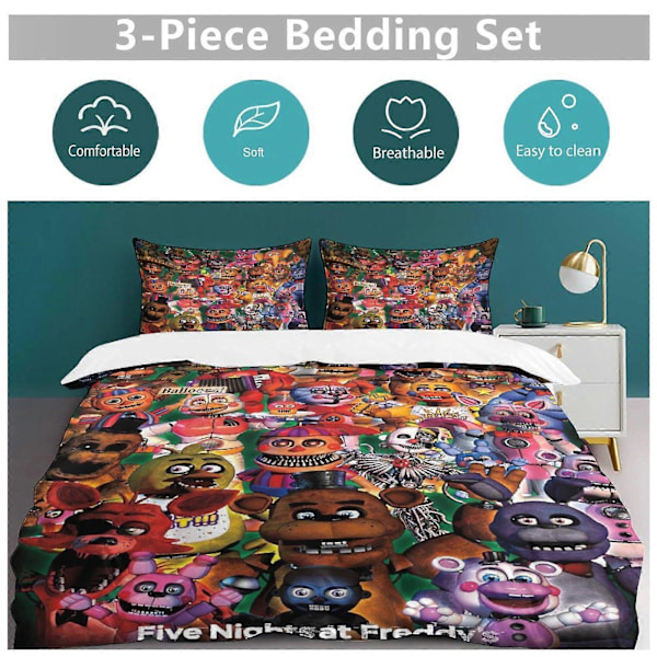x228 Five Nights at Freddy's FNAF Påslakan Mikrofiber Sängkläder Set 3D-tryckt Lättvikt 3-delars Täcke Set, 1 Påslakan Och 2 Kuddfodral 135x200cm 53x78in