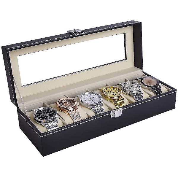 Leather 6 Watch Box Glass Top Watch Display Case Organizer,black,aawu-021