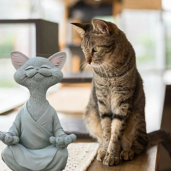 Kattfigur, Meditationsyoga Glad katt, Zenkatt avslappnad poseskulptur för hemmet Grey