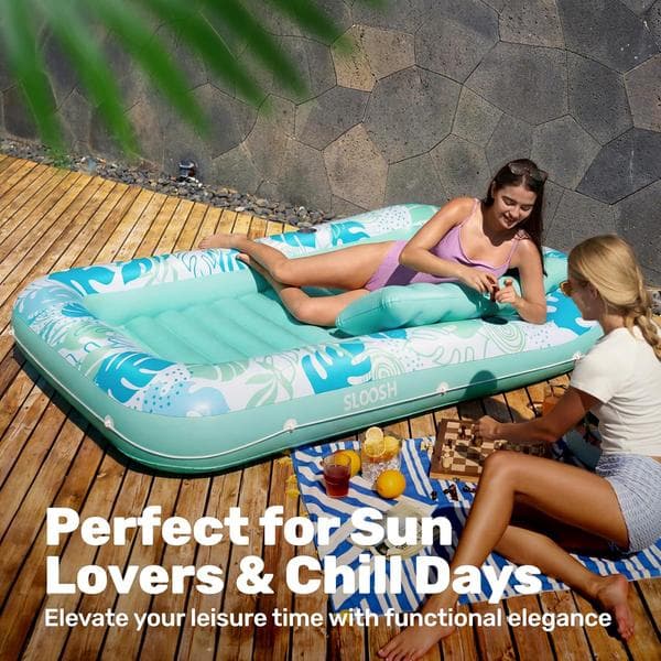 Inflatable Pool Lounger, 180 x 118 cm Extra Large Pool Float for Adults with Pillow, 4-in-1 Sunbathing Pool Float, Sunbed Lounge Green