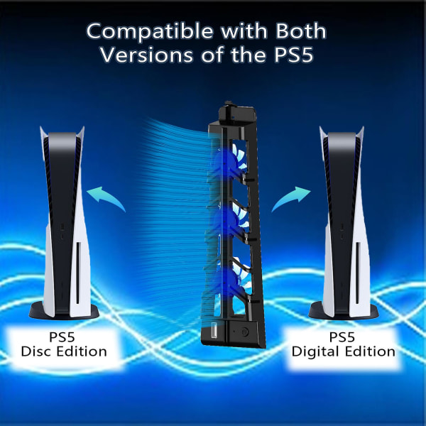 Ps5 kjølevifte med LED-lys og USB3.0-huber, effektivt kjølesystem for Ps5 Digital & Disc Edition, Ps5-tilbehør Black