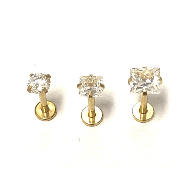3 st guldpläterade Labret med större stenar Längd: 8mm