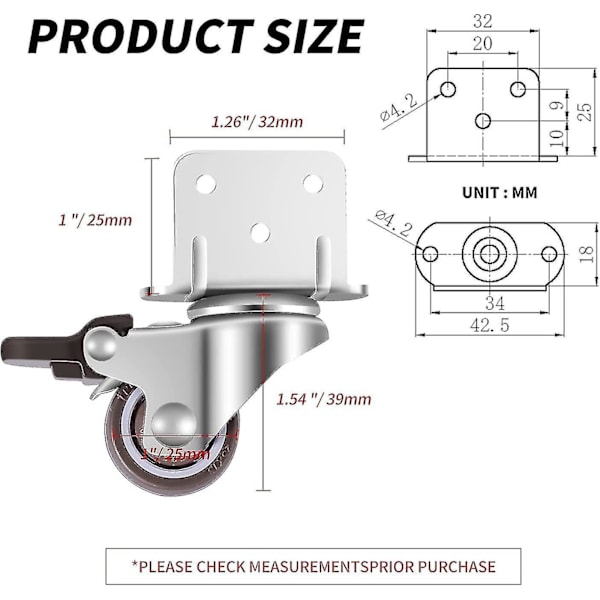 Sæt med 4 små møbelhjul med drejelig funktion, 25 mm med bremse, L-formet monteringsplade, egnet til møbler, blomsterstativer, børneværelser (25 mm)