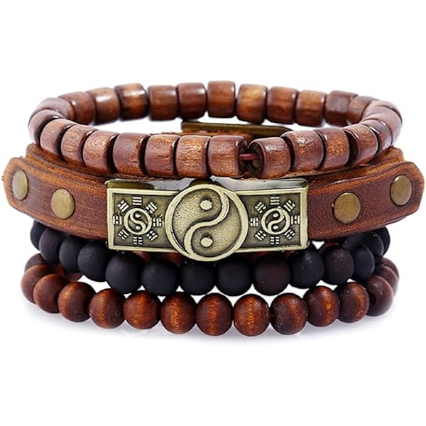 4 Pcs Wooden Beaded Bracelet Bangle for Men Women Leather Wrap Cuff Tribal Wrist-Band Bracelets Adjustable