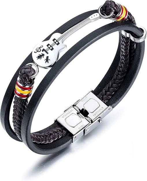 Flätat läderarmband för män, gitarrstil i rostfritt stål med säkerhetslås, svart