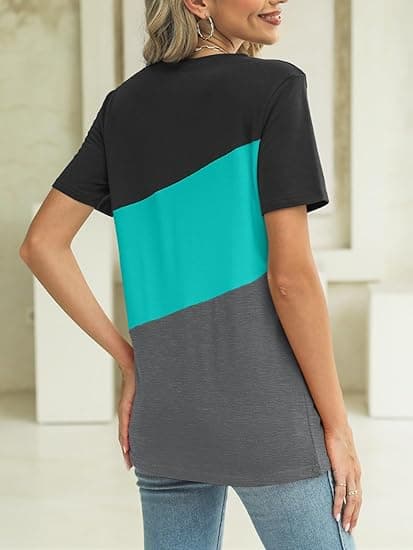 Kvinders farveblok kortærmede T-shirts Afslappede toppe med rund hals Basic sommer løs pasform T-shirt