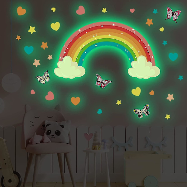 Glow In The Dark Regnbue Vægklistermærker, Lysende Regnbue Og Hjerte Stickers Til Loftvægge, Glød Lysere Og Længere Til Børns Soveværelse Stue Dec