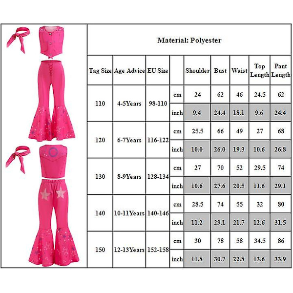 Flickor Barbie Kostym Rosa Väst Långa Utsvasade Byxor Byxor Med Scarf Film Cosplay Kostym Outfits För Barn Halloween Karneval Maskeradkläder 12-13 Years
