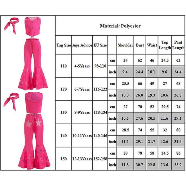 Piger Barbie Kostume Pink Vest Lange Flared Bukser Bukser Med Tørklæde Film Cosplay Kostume Outfits Til Børn Halloween Karneval Fancy Dress Up 12-13 Years