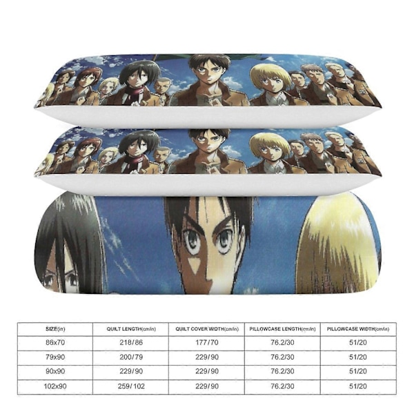 v1026 Attack On Titan Täcke Set Tjockt Mjukt 3 Delars Sängklädesset Året Runt Täcke med 2 Örngott för Vuxna Kvinnor Flickor Tonåringar Hem Rum Deco 135x200cm 53x78in