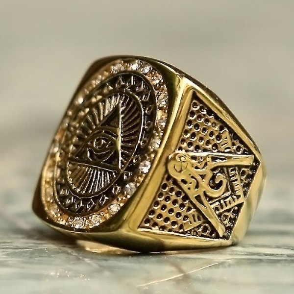 Vintage tungt rostfritt stål All Seeing Eye Ring För Män Kristall Guld Färg Mason Masonic Punk Man Ring Mode Smycken Present 10