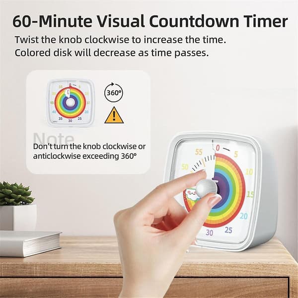 60-minutters visuell timer med nattlys, nedtellingstimer, Pomodoro-timer med regnbue-mønster for barn White