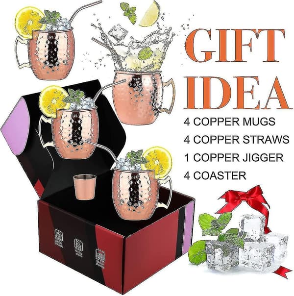 Kopparmuggset med 4 Kopparmuggar, Kopparmula för Moscow Mule Cocktail, 47 cl Presentförpackning