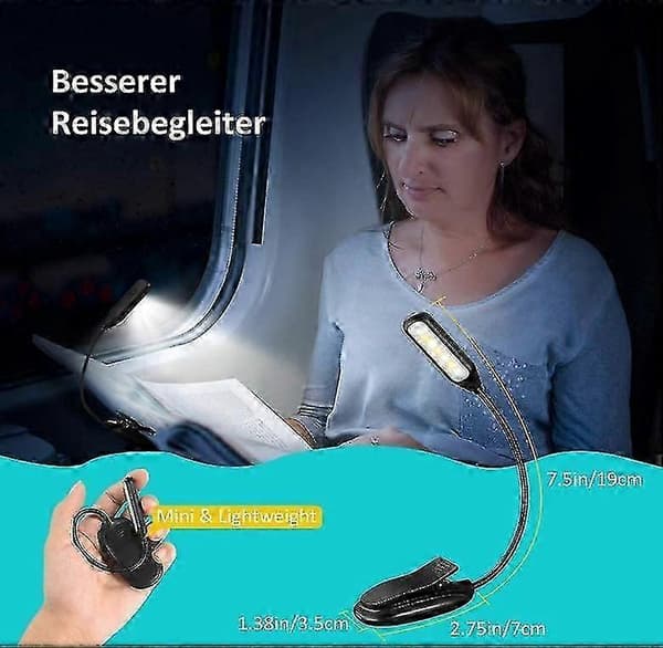 An ergonomic, dimmable, and flexible clip-on reading light with USB charging and eye protection features. (1 pc.) Black