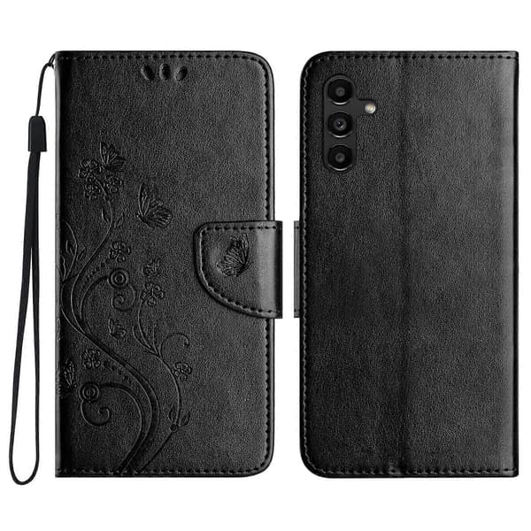 Fjärilsblommamönster Flip Läder Telefonfodral Black Galaxy A36 5G
