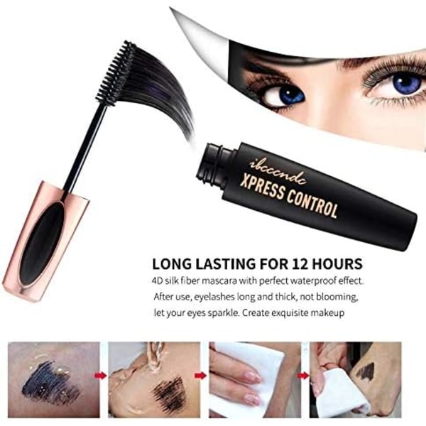 Mascara lavet af 4D silkefibre til vandtæt, luksuriøs, længere, tykkere, fyldigere vipper og naturlige vippeforlængelser, 2 styk