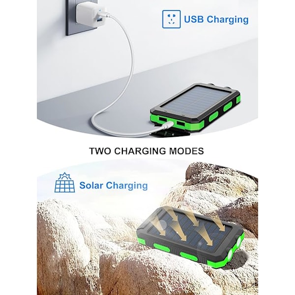 Solcellsladdare 20000mAh Solcell Powerbank Vattentät Portabel Laddare med Dubbla 5V USB-Portar/LED Green