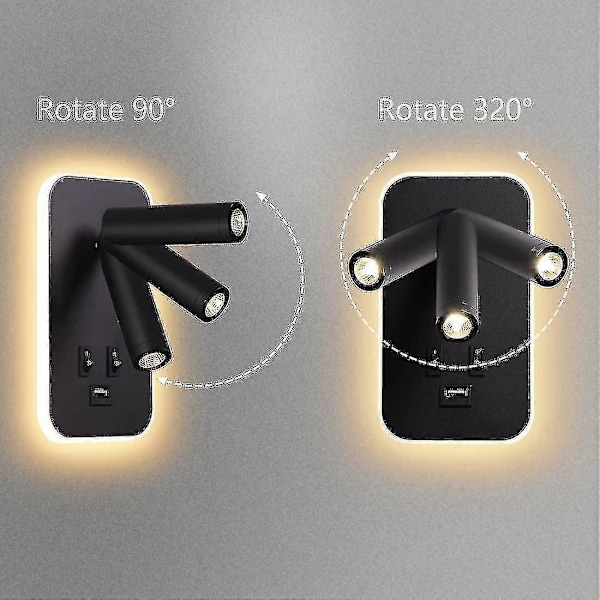 LED Vägglampa, Sängläsningslampa med Strömbrytare, USB-laddningsport, Stämningsbelysning för Sovrum Justerbar Spotlight Black
