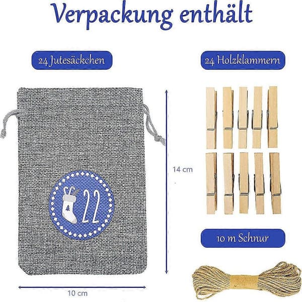 Adventskalender til fyldning - Sæt med 24 juteposer