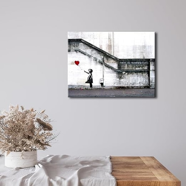 Wieco Art Canvastavla Banksy Graffiti Väggkonst \"Flicka med Röd Ballong\" Vardagsrum Sovrum Heminredning Målning (Oramad)