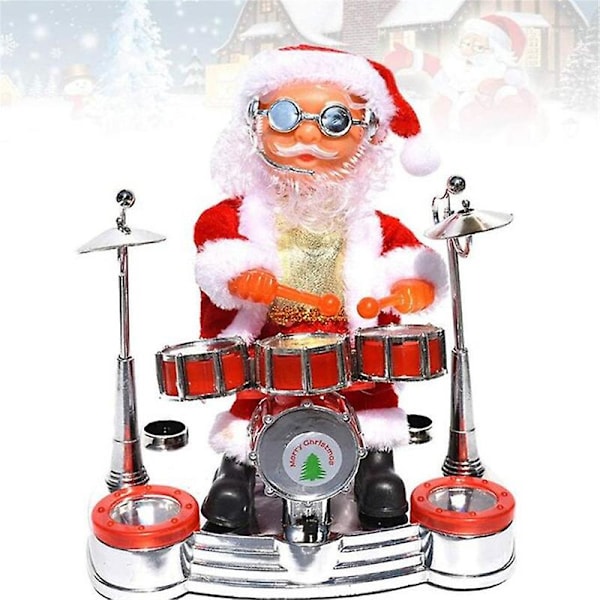 Laulava ja tanssiva joulupukki soittaa rumpuja - joulunukke, musikaalinen liikkuva hahmo, paristokäyttöinen koriste Shelf drum