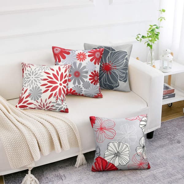 Soffa Kudde Kuddfodral 45x45 Abstrakt Röda och Grå Blommor Kuddfodral
