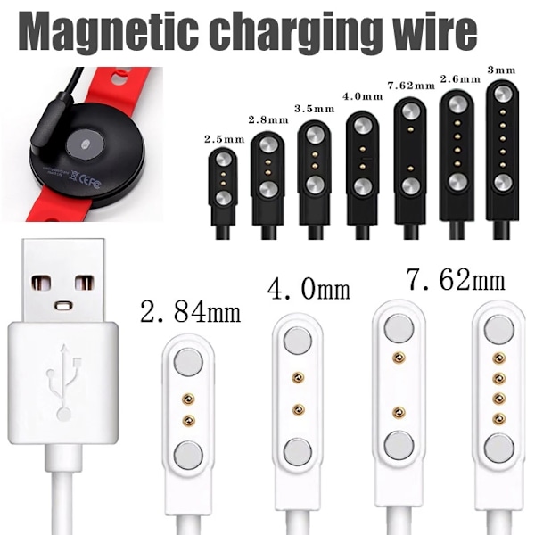 1 stk. Universel Smart Watch Opladerledning, Magnetisk Opladerkabel 2 Pin USB Oplader til Smart Watch 4mm