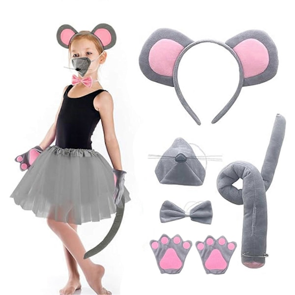 Musekostyme-sett med museører, hale, nese, sløyfe og hansker - Cosplay-kostymetilbehør til Halloween, julefester