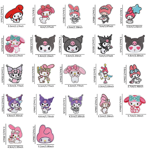 22 st My Melody Kuromi Påsybara/Strykbara Märken, Tecknad DIY Broderad Applikationslapp för Jackor, Jeans, Byxor, Kläder