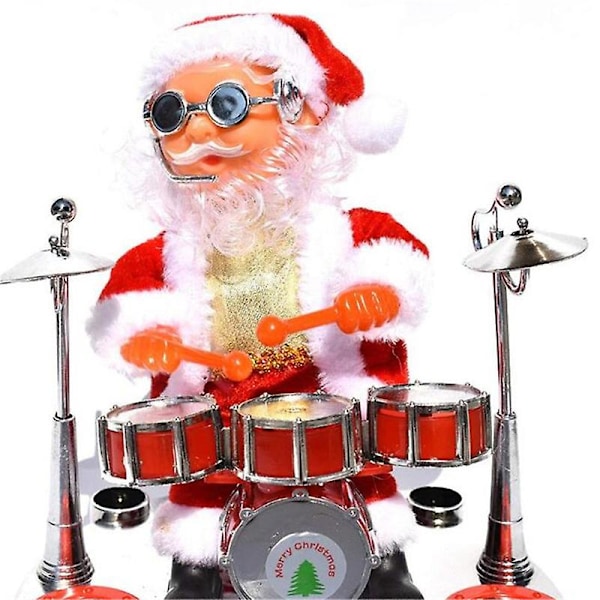 Laulava ja tanssiva joulupukki soittaa rumpuja - joulunukke, musikaalinen liikkuva hahmo, paristokäyttöinen koriste Shelf drum