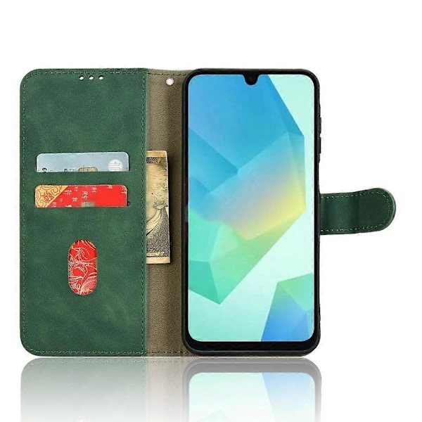 For Samsung Galaxy A16 5G Lærveske Hudfølelse Anti-Fall Lommebok Flip Telefondeksel Dark green