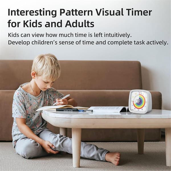 60-minutters visuell timer med nattlys, nedtellingstimer, Pomodoro-timer med regnbue-mønster for barn White